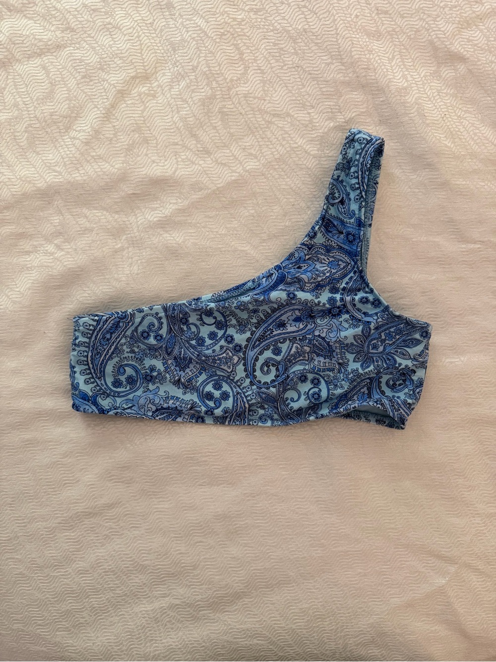 Frankie’s Bikinis One-Shoulder Blue Paisley Bikini Top